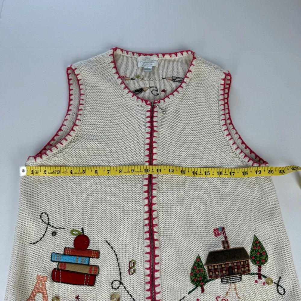 Christopher & Banks Hand Embroidered School Teacher Zip Sweater Vest Cream Large